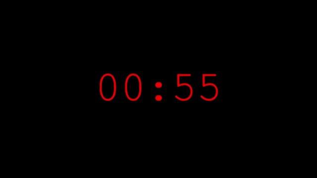 60 Seconds Countdown Timer in Red Font on Black Screen. One Minute Timer Animation for Countdowns and Presentations.