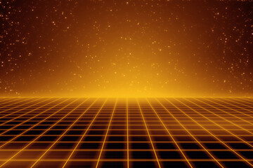 Orange gold space technology light grid line field with sky particles abstract background