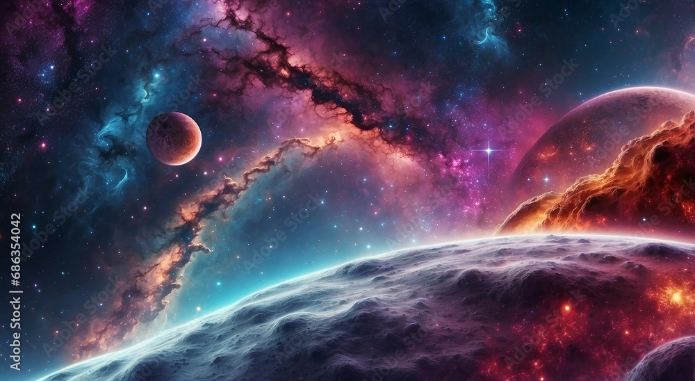 Poster an eye-catching banner background with a cosmic theme and ample empty space for text, incorporating 