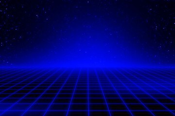 Dark blue space technology light grid line field with sky particles abstract background
