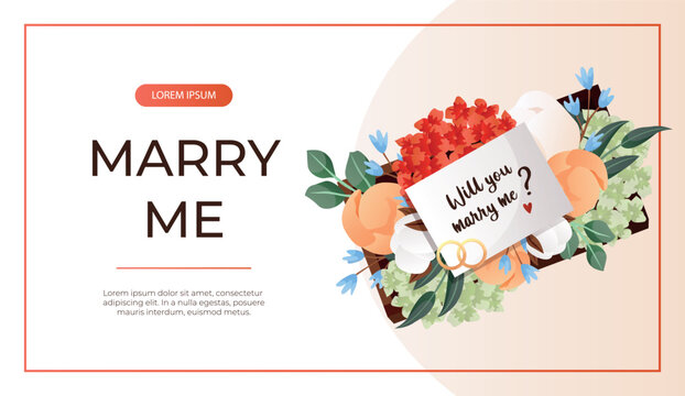 Promo banner with "Will You Marry Me" proposing card in flower box with engagement rings. Wedding day accessories, decorations. Celebrate marriage, save the date ceremony for poster, advertising