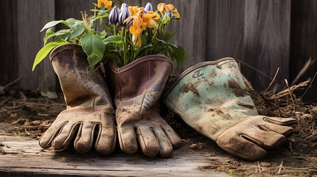 A pair of worn-out gardening gloves and a spade, ready for another day of nurturing plants and flowers.
