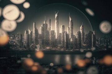 City and bokeh light at night, business concept
