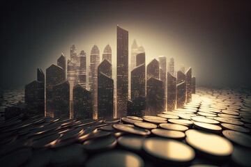 Cityscape with golden coins on a dark background
