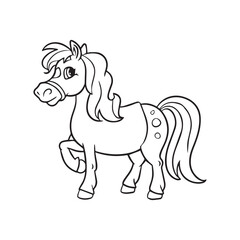 Carton horse, black and white illustration, and coloring page on a white background. line drawing style