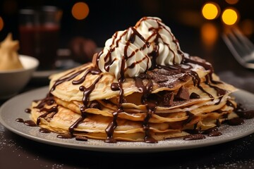 Delicious crepes with chocolate and whipped cream on a bokeh background. Tempting dessert. Generative AI - obrazy, fototapety, plakaty