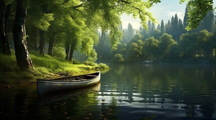 Fototapeta na wymiar A peaceful lakeside scene with a rowboat anchored, surrounded by lush greenery and a serene reflection on the water.
