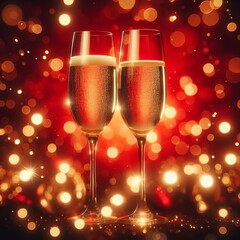 Champagne glasses on a blurred golden bokeh background. Celebration concept