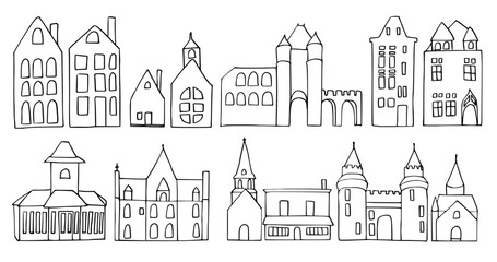 Set vector ink linear buildings, castle, church