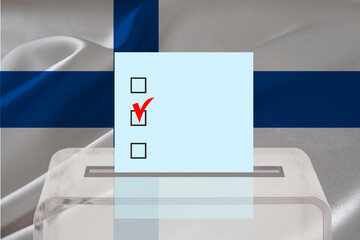 Transparent ballot box for voting with ballot in front Finland national flag, Election Process and...