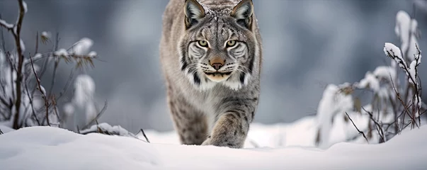Foto op Plexiglas A lonely lynx in the winter forest © amazingfotommm