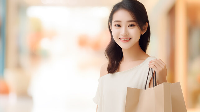 Smiling young women with shopping bag.