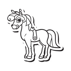 Carton horse, black and white illustration, and coloring page on a white background. line drawing style