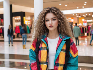 GenX Teen Woman with Long Wavy Hair in Brightly Colored Jacket Standing Outside a Store in a Shopping Mall