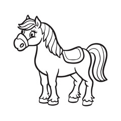 Carton horse, black and white illustration, and coloring page on a white background. line drawing style