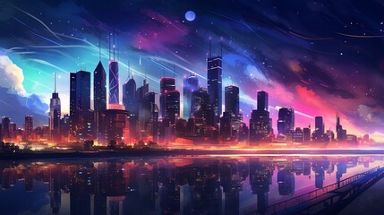 A modern city skyline at night, illuminated by colorful city lights and the glow of neons against a dark, starry sky.