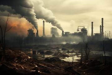 Industrial landscape with smoke rising from factory chimney, pollution concept