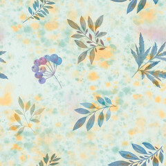 seamless botanical pattern, green leaves on abstract watercolor background