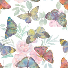 bright butterflies and colorful flower pattern on a white background