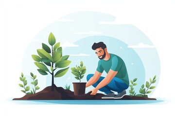 Gardener man planting tree in garden flat vector illustration. Gardening and planting concept.