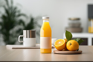 Bottle of orange juice mockup with fresh oranges near it placed on a kitchen table