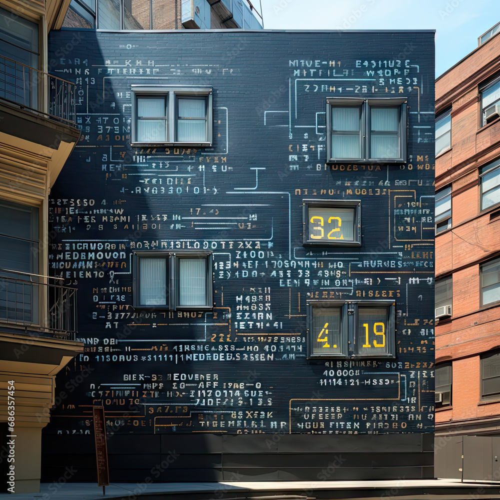 Wall mural building in the city, code on the building