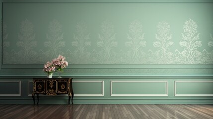 A plain wall in pale mint, with a subtle damask pattern creating a timeless and elegant atmosphere. - obrazy, fototapety, plakaty