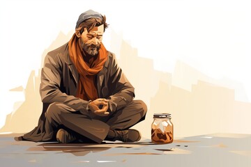 illustration of a homeless beggar sitting on the street and begging for money - obrazy, fototapety, plakaty