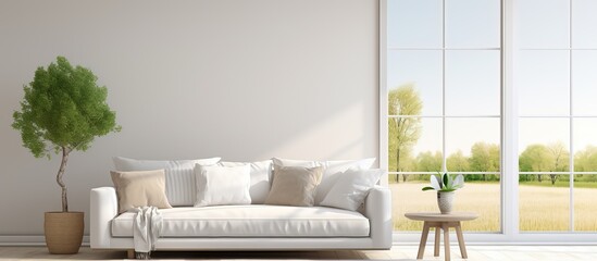 Scandinavian interior design featuring a white living room sofa and a window showcasing a summer landscape