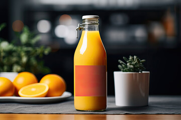 Bottle of orange juice mockup with fresh oranges on white plate near it placed on a kitchen table