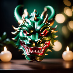 Close up of green Chinese dragon mask, Asian New Year concept