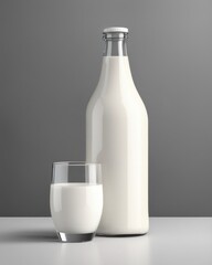 Full milk bottle and milk glass gracefully shaped on gray background.