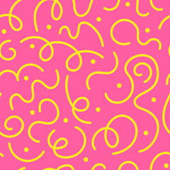 Obraz premium Abstract seamless pattern with various doodle elements. Hand drawn yellow lines and dots on pink background. Simple squiggly wallpaper design. Vector illustration.