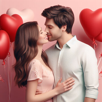 happy couple kissing, valentine's day decoration, heart balloons Generative AI