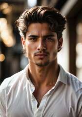 Obraz premium Portrait of handsome young Spanish male model in white shirt, people background