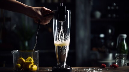 A powerful hand blender pureeing ingredients in a tall glass.
