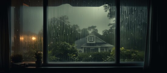 Peering out the window of a home on a rainy day