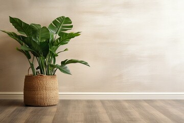A potted plant in a wicker basket on a wooden floor with a wall in the background and a wooden floor in the foreground. Generative AI - obrazy, fototapety, plakaty