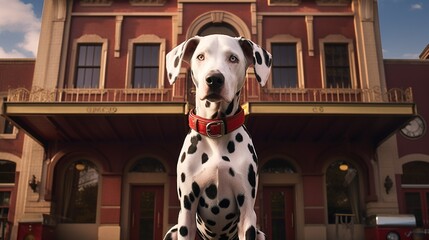 A proud Dalmatian dog posing in front of a firehouse.
