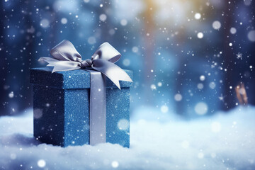Greeting card with blue gift package box on snowflakes winter forest background. Happy holidays concept