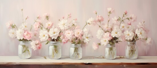 Glass jars with white and pink flowers and a note wishing you a pleasant day - obrazy, fototapety, plakaty