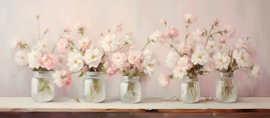 Foto op Canvas Glass jars with white and pink flowers and a note wishing you a pleasant day © Vusal