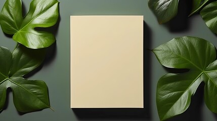 a square paper mockup featuring realistic shadows, with tropical plant leaves, the template's versatility for flyers, posters, social media posts, and logos in a trendy style.