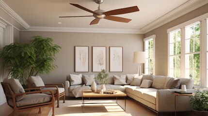 A quiet and efficient ceiling fan circulating cool air in a well-designed and cozy living room. - obrazy, fototapety, plakaty