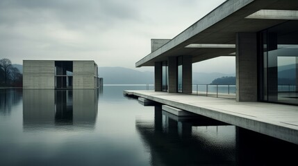 modern architecture, consistent minimalism, finest exposed concrete, geometric shapes, Japanese tradition, copy space, 16:9