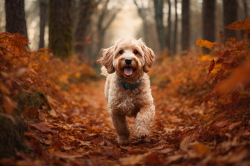 Cockapoo dog running in autumn leaves in the forest in shades of orange and brown.