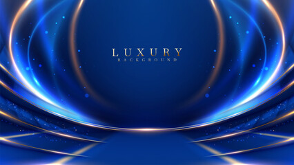 Empty blue stage background with gold curve line elements with light neon effects decoration and bokeh. Luxury scene design concept. Vector illustrations.