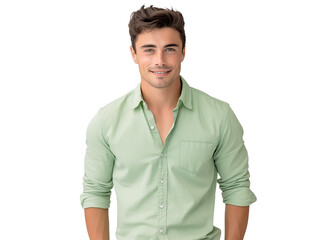 Fototapeta premium portrait of a happy man with a friendly smile in green shirt, pleasant, cheerful, positive joyful person
