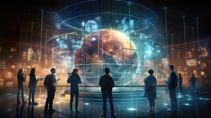 depicting a group of people engrossed in examining a hologram screen. The scene should convey a setting related to Systems Engineering, highlighting collaboration and interaction.