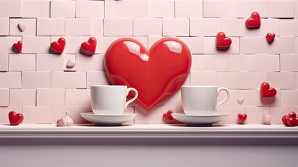 the Valentine's Day concept, Feature hearts and two cups arranged artfully on a white bricks background, a warm and romantic ambiance with soft lighting to enhance the emotional appeal.